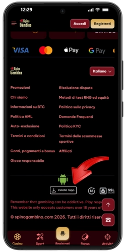 Pagina Spinogambino con il menu del browser