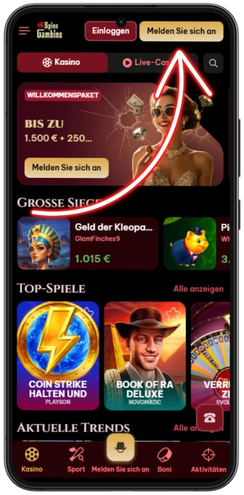 Spinogambino Registrierungsseite öffnen:
