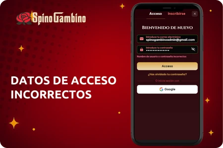 Spinogambino Datos de inicio de sesión incorrectos / Bloq Mayús / Gestor de contraseñas