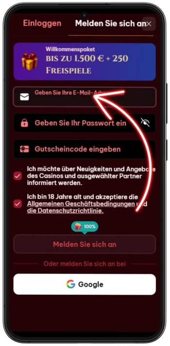 Spinogambino E-Mail eingeben